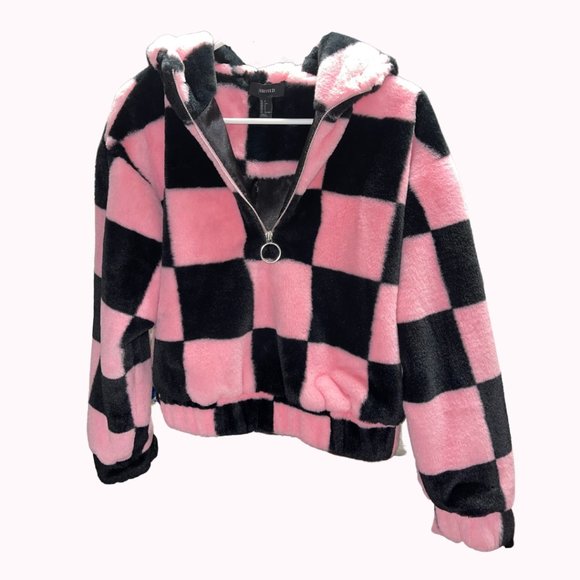 Pink & Black Checker Print Half Zip Plush Hoodie